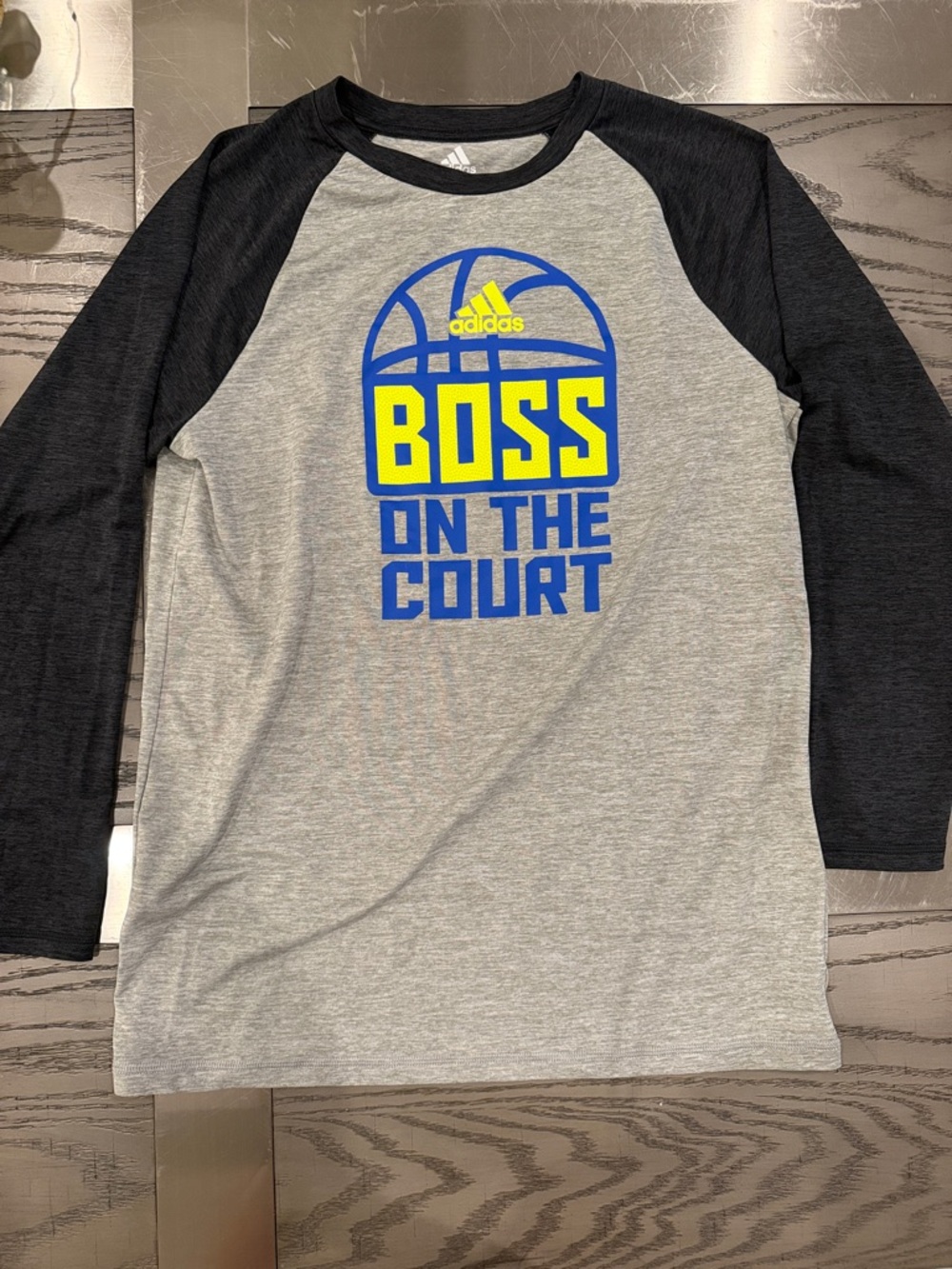 adidas Grey Raglan Tee with Black Sleeves and Blue/Yellow Graphic